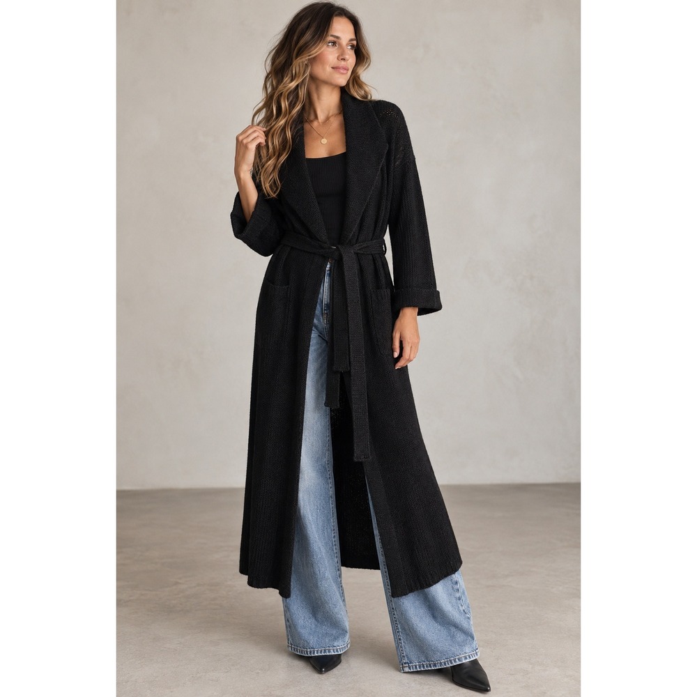 JustFab Black Long Belted Cardigan L Duster Sweater Shawl Collar NWT
